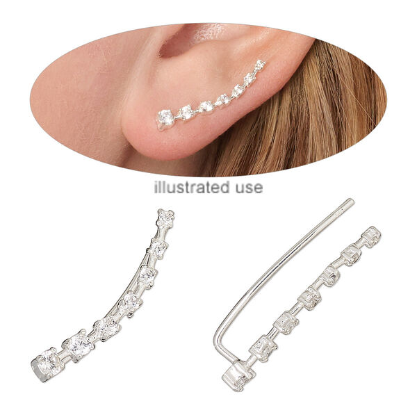 Ear climber, Create Compliments®, cubic zirconia and sterling silver, clear, 27x5.5mm curve, 18 gauge. Sold per pair. image number 0