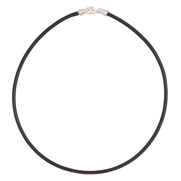 Necklace cord, Dione®, leather (dyed) and sterling silver, black, 3mm round with twist off end, 16-inches with lobster claw clasp. Sold individually. image number 0