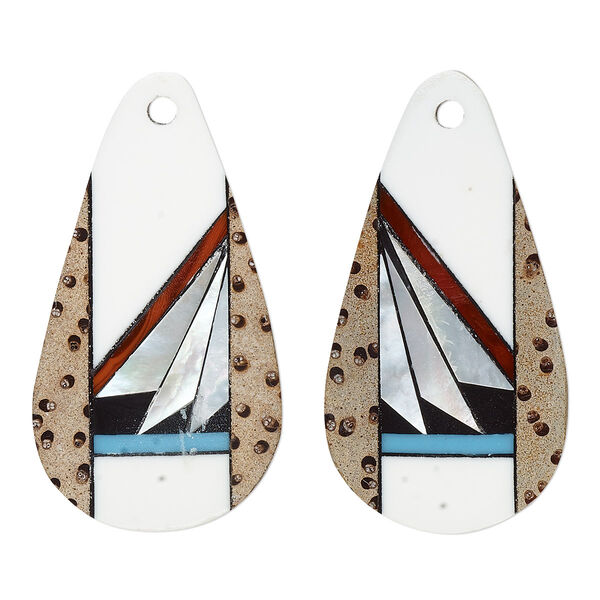 Drop, multi-shell (assembled) and resin, multicolored, 28x15mm single-sided right- and left-facing flat teardrop. Sold per pkg of 2. image number 0