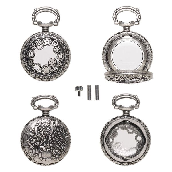 Watch body, acrylic and antique silver-finished "pewter" (zinc-based alloy), transparent clear, 41x27mm with 27mm round and gear with floral design. Sold per 5-piece set. image number 0