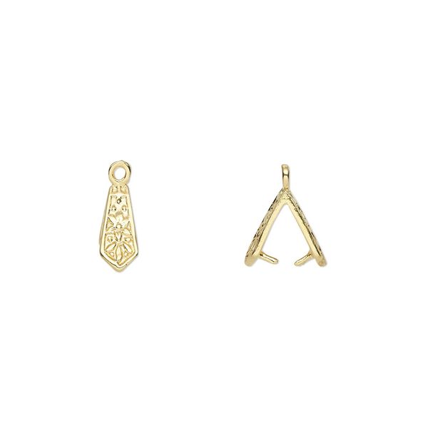 Bail, ice-pick, gold-plated brass, 9x4mm with flower design, 5mm grip length. Sold per pkg of 6. image number 0