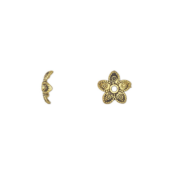 Bead cap, antique gold-finished "pewter" (zinc-based alloy), 8.5x2.5mm flower, fits 6-10mm round bead. Sold per pkg of 20. image number 0