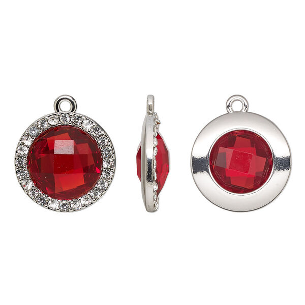 Drop, glass / glass rhinestone / imitation rhodium-finished "pewter" (zinc-based alloy), clear and transparent ruby red, 19mm single-sided round. Sold per pkg of 2. image number 0