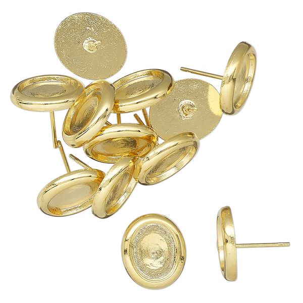 Earstud 1pkg12, 13x11mm glue in oval / 10x8mm oval glue in setting, gold-finished brass 6 pair image number 0