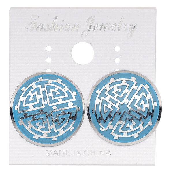 Earstud, stainless steel, blue patina, 20mm round with maze design. Sold per pair. image number 0