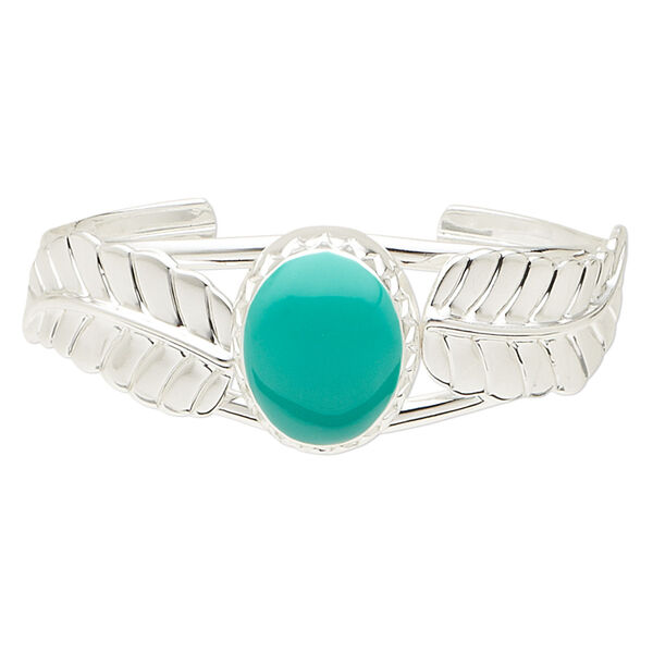 Bracelet, cuff, epoxy and silver-plated steel, turquoise green, 22x18mm oval and leaf design, adjustable from 6-1/2 to 7-1/2 inches. Sold individually. image number 0