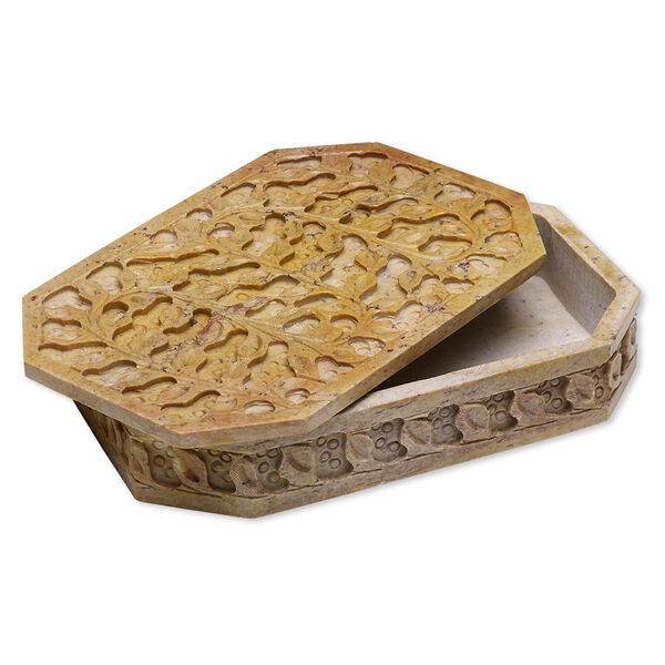 Soapstone 1pkg1, hand-cut carved octagon trinket box / leaf design 6x4x1.5 inch image number 0