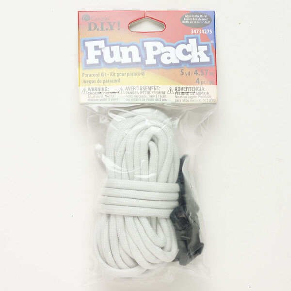 Cord and clasp assortment, plastic and nylon, white / black / glow-in-the-dark, 4mm round parachute cord and 30x15mm buckle. Sold per pkg of 4. image number 0