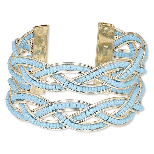 Bracelet, cuff, glass and gold-finished steel, turquoise blue, 35mm wide with braided design, adjustable from 6-1/2 to 7-1/2 inches. Sold individually. image number 0