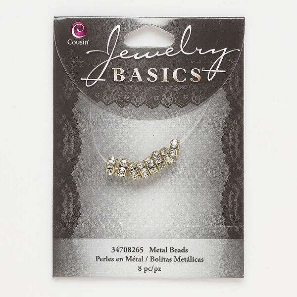 Bead, gold-finished "pewter" (zinc-based alloy) and glass, clear, 7x3mm rondelle. Sold per pkg of 8. image number 0