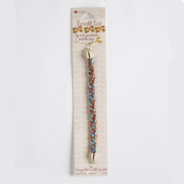 Bracelet component, nylon with gold-finished steel and "pewter" (zinc-based alloy), teal / red / purple, 8mm wide braided, 5-1/2 inches. Sold individually. image number 0