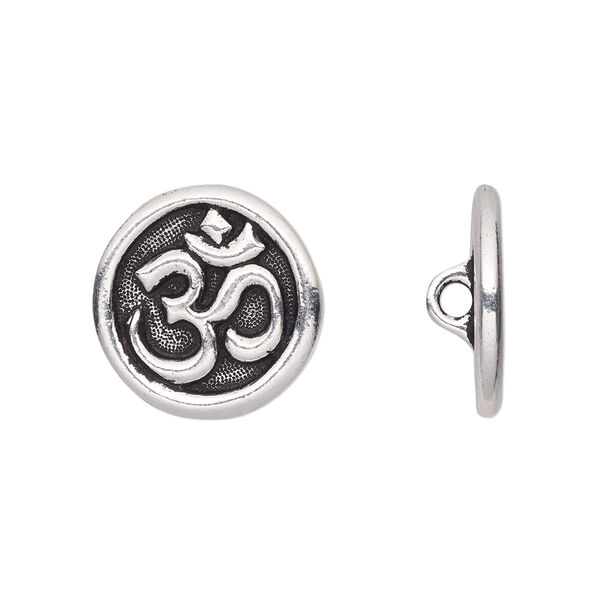 Button, TierraCast®, antique silver-plated pewter (tin-based alloy), 17mm flat round with Om symbol and closed loop. Sold per pkg of 2. image number 0