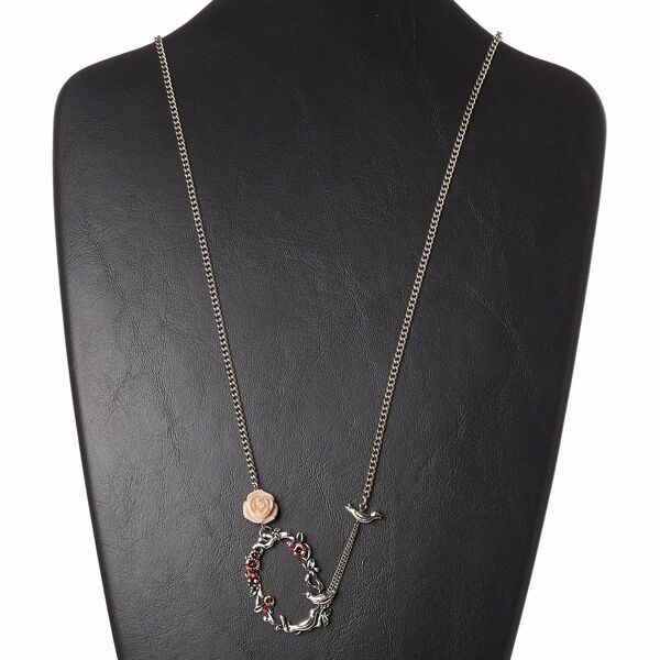 Necklace, resin / Czech glass rhinestone / enamel / steel / antiqued silver-finished "pewter" ( zinc-based alloy) and steel, red / green / cream, 44x36mm oval with vine and bird design, 28 inches with 2-inch extender chain with lobster claw clasp. Sold individually. image number 0