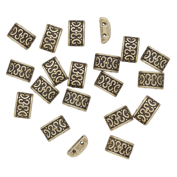 Spacer bar, 2-strand, antique brass-finished "pewter" (zinc-based alloy), 9x5mm rounded domed fancy rectangle, fits up to 5mm beads. Sold per pkg of 20. image number 0