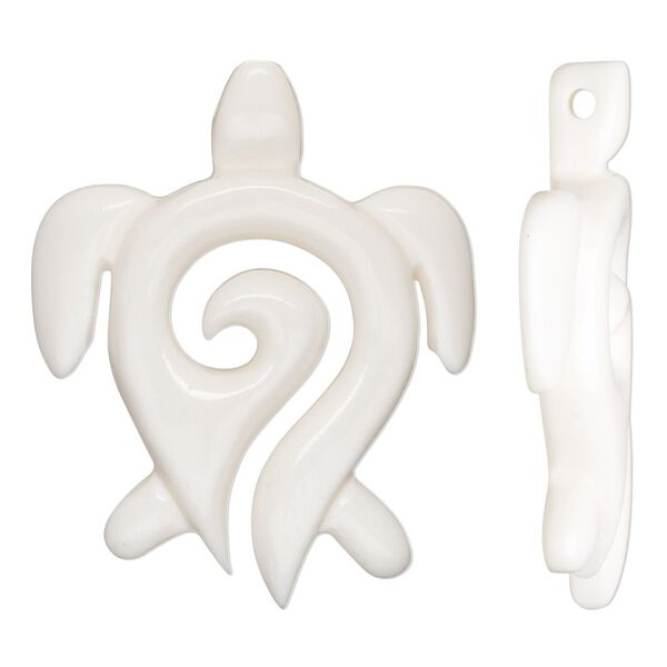 Focal, bone (bleached), white, 42x34mm hand-carved single-sided turtle, Mohs hardness 2-1/2. Sold individually. image number 0