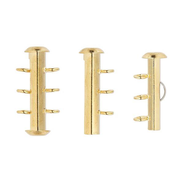 Clasp, 3-strand slide lock, gold-plated brass, 21x6mm round tube. Sold per pkg of 4. image number 0