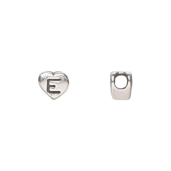 Bead, sterling silver, 7.5x7mm heart with alphabet letter "E." Sold individually. image number 0