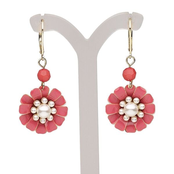 Earring, enamel / acrylic pearl / gold-finished brass / steel, dark pink and white, 48mm with flower and leverback ear wire. Sold per pair. image number 0