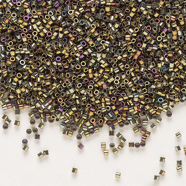 Seed bead, Delica®, glass, pkg/250g, #15 round, opaque nickel-plated golden olive iris (DBS-0029). image number 0