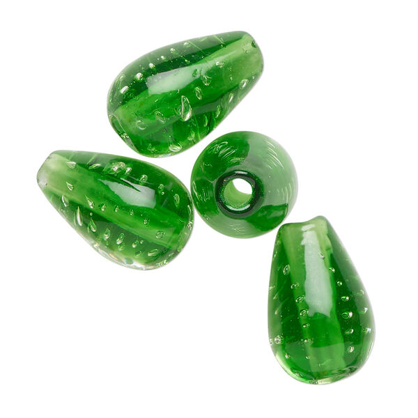 Bead, lampworked glass, translucent green, 17x11mm teardrop. Sold per pkg of 4. image number 0