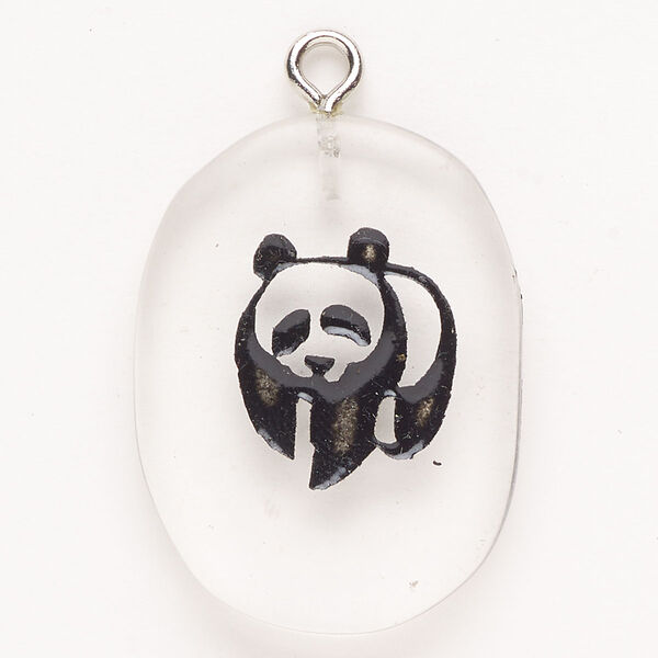 Focal, steel/glass/enamel, pkg/1, silver finish/clear/black, 30x24mm-39x27mm single-sided puffed freeform with panda. image number 0