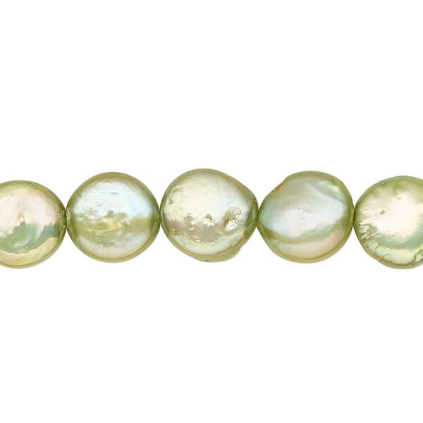 Pearl, cultured freshwater (dyed), green, 10-12mm flat round, C- grade, Mohs hardness 2-1/2 to 4. Sold per 8-inch strand, approximately 15 beads. image number 0