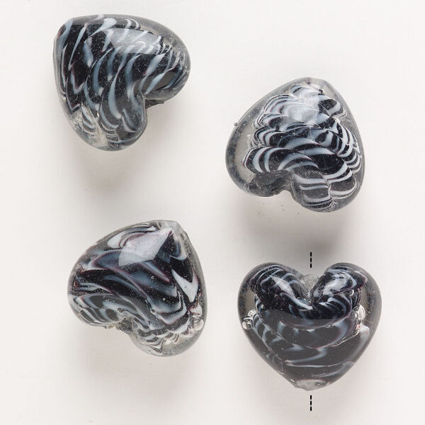 Bead, lampworked glass, pkg/4, opaque and translucent multicolored, 28x26mm-29x28mm puffed heart. image number 0