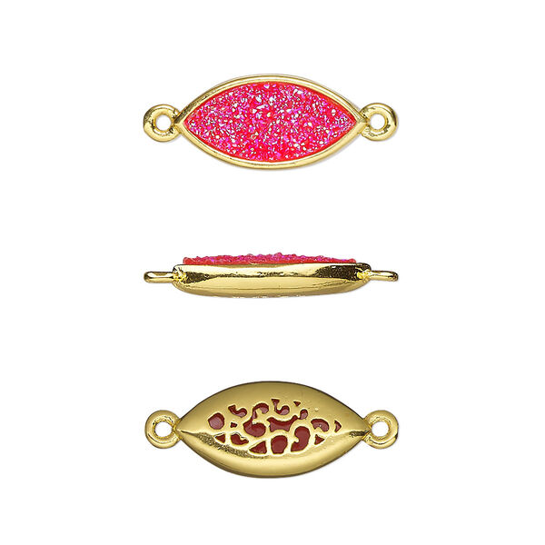 Link, Druzylite™, "druzy" (resin) and gold-finished brass, hot pink, 16x8mm two-sided marquise with open filigree back. Sold per pkg of 4. image number 0