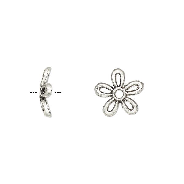 Bead cap, antique silver-plated "pewter" (zinc-based alloy), 11x2mm flower, fits 8-16mm bead. Sold per pkg of 50. image number 0