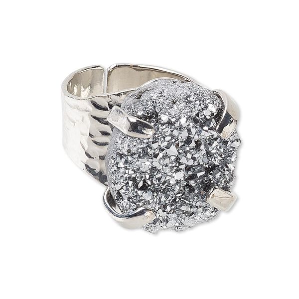 Ring, electroplated druzy agate (coated) and imitation rhodium-plated brass, silver, hammered band with 24x18mm-27x21mm hand-cut freeform, adjustable. Sold individually. image number 0