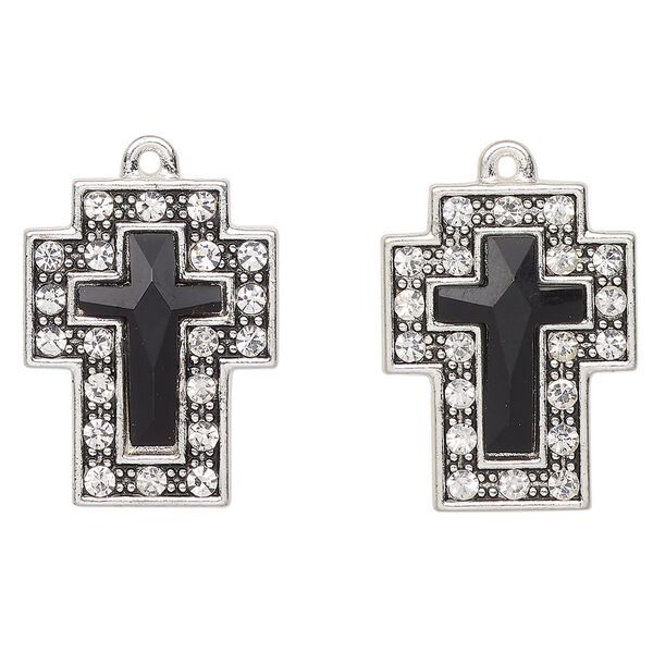 Drop, antique silver-finished "pewter" (zinc-based alloy) and glass, clear and black, 23x17mm cross. Sold per pkg of 2. image number 0