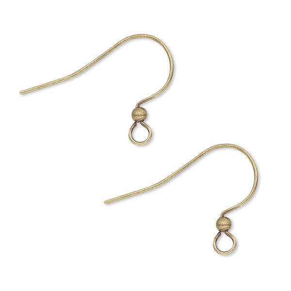 Ear wire, antique gold-plated brass, 17mm fishhook with 2.5mm ball and open loop, 22 gauge. Sold per pkg of 50 pairs. image number 0