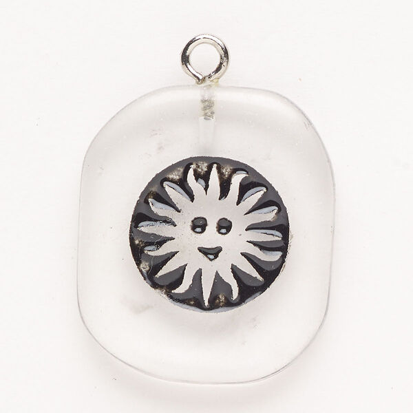 Focal, steel/glass/enamel, pkg/1, silver finish/clear/black, 30x24mm-39x27mm single-sided puffed freeform with sunface. image number 0
