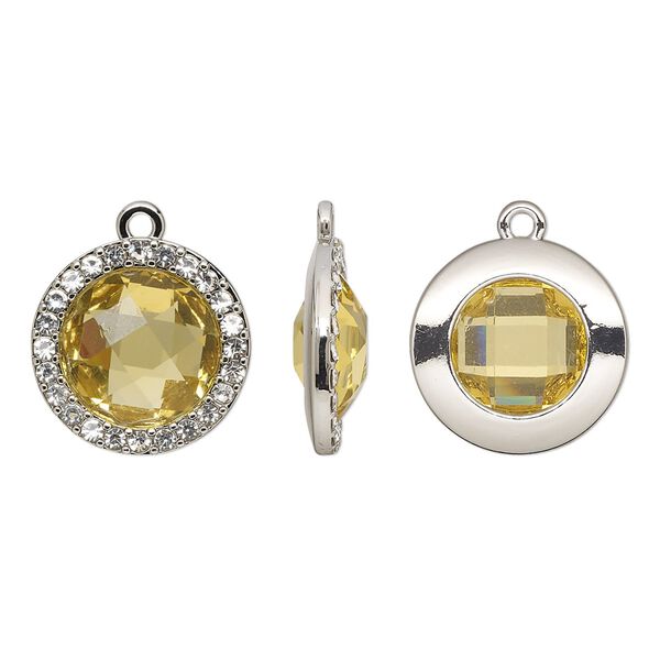 Drop, glass / glass rhinestone / imitation rhodium-finished "pewter" (zinc-based alloy), clear and transparent citrine yellow, 19mm single-sided round. Sold per pkg of 2. image number 0