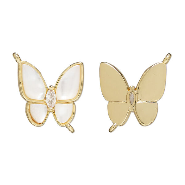 Link 1pkg1 brass / mother-of-pearl shell / glass rhinestone, 16mm butterfly, bleached gold finish / white / clear image number 0