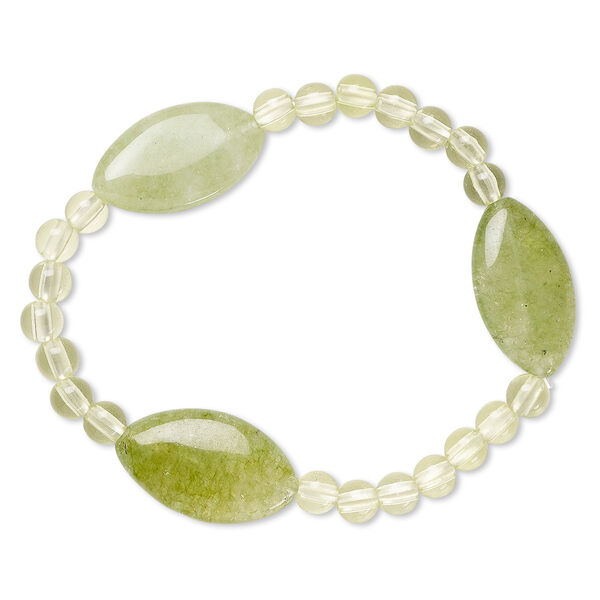 Bracelet, stretch, quartz (dyed) and acrylic, green and light yellow-green, 5mm round and 24x14mm-25x15mm puffed marquise, 6-1/2 inches. Sold individually. image number 0
