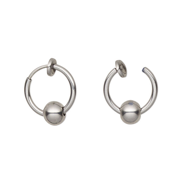 Earring, stainless steel, 15mm hoop with ball and pierced-look spring closure. Sold per pair. image number 0