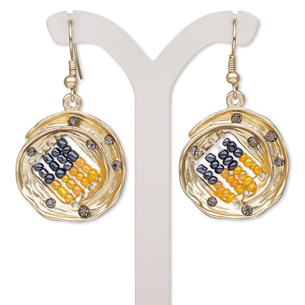 Earring, glass rhinestone / glass / gold-finished brass / "pewter" (zinc-based alloy), orange AB and black, 45mm with round with fishhook ear wire. Sold per pair. image number 0