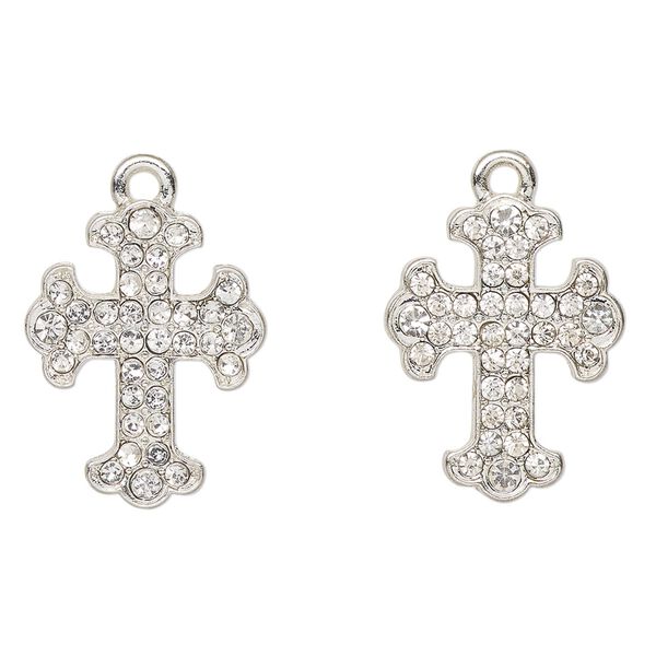 Drop, antique silver-finished "pewter" (zinc-based alloy) and glass, clear, 22x17mm cross. Sold per pkg of 2. image number 0