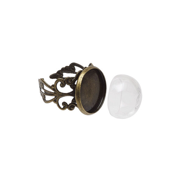 Ring, Keepsafe Keeper™, glass and antique brass-plated "pewter" (zinc-based alloy), clear, 18mm wide fancy band with 16x9mm dome and 16mm round setting, adjustable from size 7-10. Sold per 2-piece set. image number 0