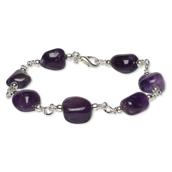 Bracelet, amethyst (natural / dyed) with silver-plated brass and steel, small to medium hand-cut nugget, 6 inches with lobster claw clasp. Sold individually. image number 0