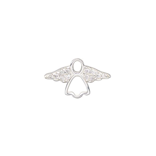 Charm, sterling silver and cubic zirconia, clear, 19x11mm single-sided open angel. Sold individually. image number 0