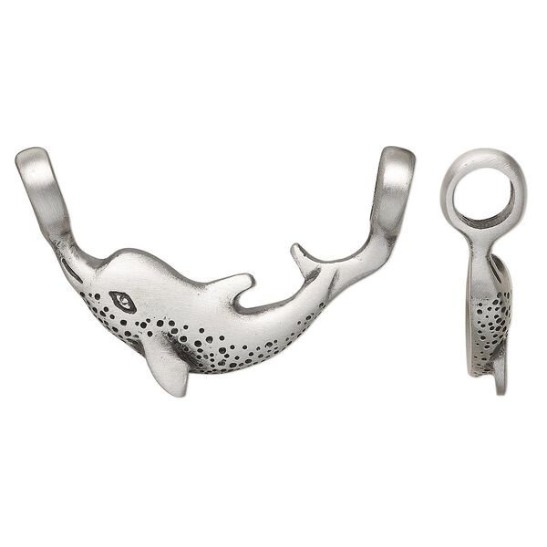 Pendant, antiqued pewter (tin-based alloy), 47x31.5mm single-sided dolphin. Sold individually. image number 0