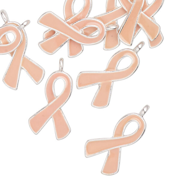 Charm, silver-finished enamel "pewter" (zinc-based alloy), peach, 17x11mm single-sided awareness ribbon. Sold per pkg of 12. image number 0