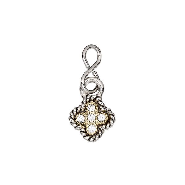 Charm, glass rhinestone / imitation rhodium-plated brass / gold-finished / imitation rhodium-plated / antique imitation rhodium-plated "pewter" (zinc-based alloy), clear, 11mm single-sided flower. Sold individually. image number 0