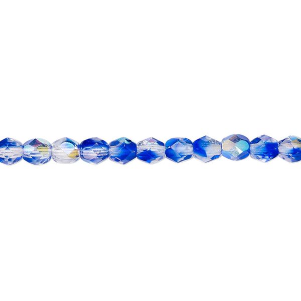 Bead, Czech fire-polished glass, two-tone, crystal/dark blue AB, 4mm faceted round. Sold per 15-1/2" to 16" strand. image number 0