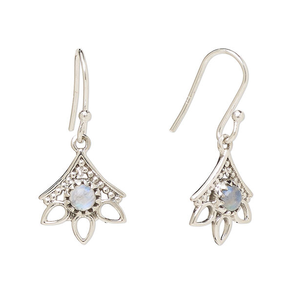 Ear wire, Create Compliments®, antiqued sterling silver and rainbow moonstone (natural), fishhook, 28mm with 14x12.5mm single-sided beaded open 3-teardrop, 21 gauge. Sold per pair. image number 0