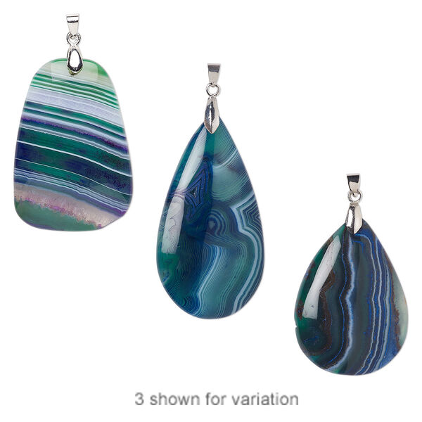 Agate / brass 1pkg1, imitation rhodium-plated hand-cut teardrop freeform pendant 50x30mm-65x35mm image number 0