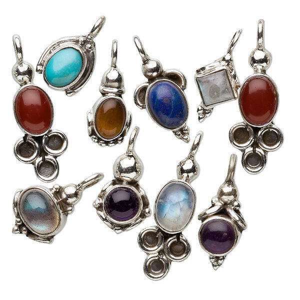 Multi-gemstone / sterling silver 1pkg10, mixed shape drop mix antiqued 14x9mm-24.5x9mm image number 0