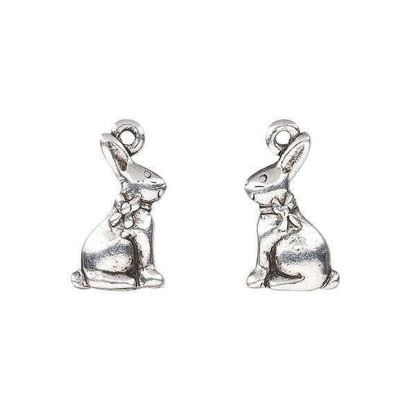 Charm, antique silver-plated pewter (tin-based alloy), 16.5x10mm double-sided bunny with bow. Sold per pkg of 2. image number 0